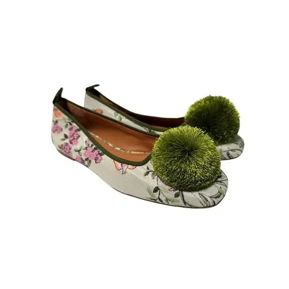 Tory Burch Floral Pom Pom Ballet Flats Size 6M NWOT Canvas Leather Slip On - Picture 2 of 10